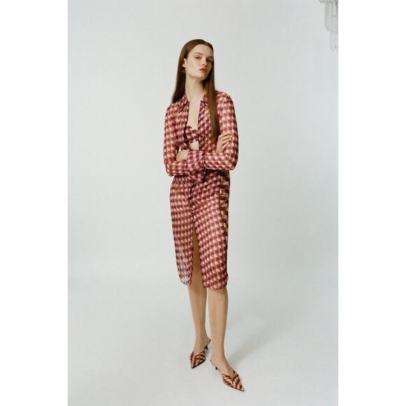 Zara Red Geometric Mod Print Button-down Sheer Cover-up Dress Long Tunic XS - Picture 1 of 10